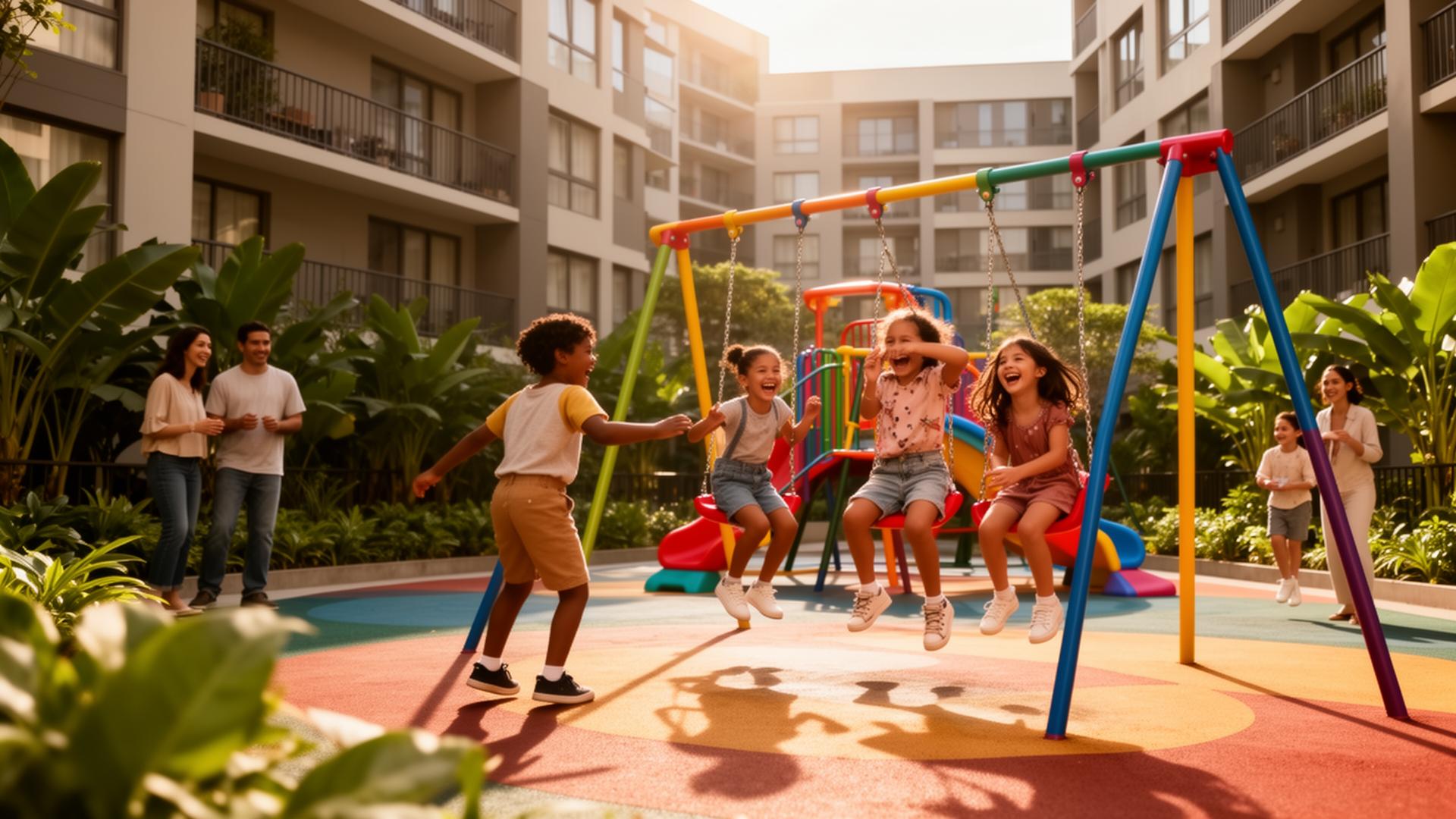 Crianças brincando no playground seguro do condomínio