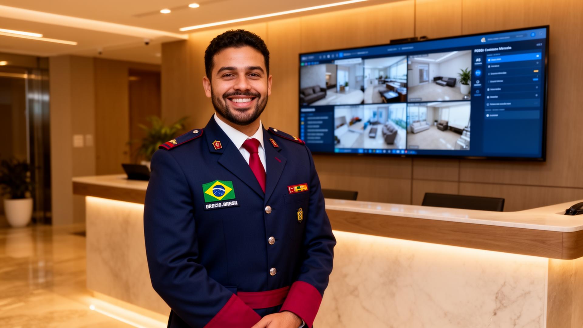Porteiro sorrindo na recepção do condomínio com painel de monitoramento