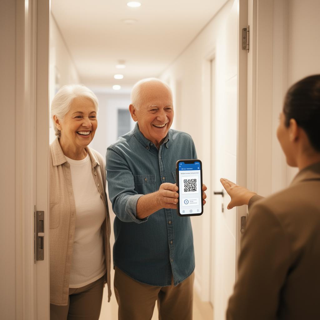 Casal de idosos recebendo visita com QR Code de autorização