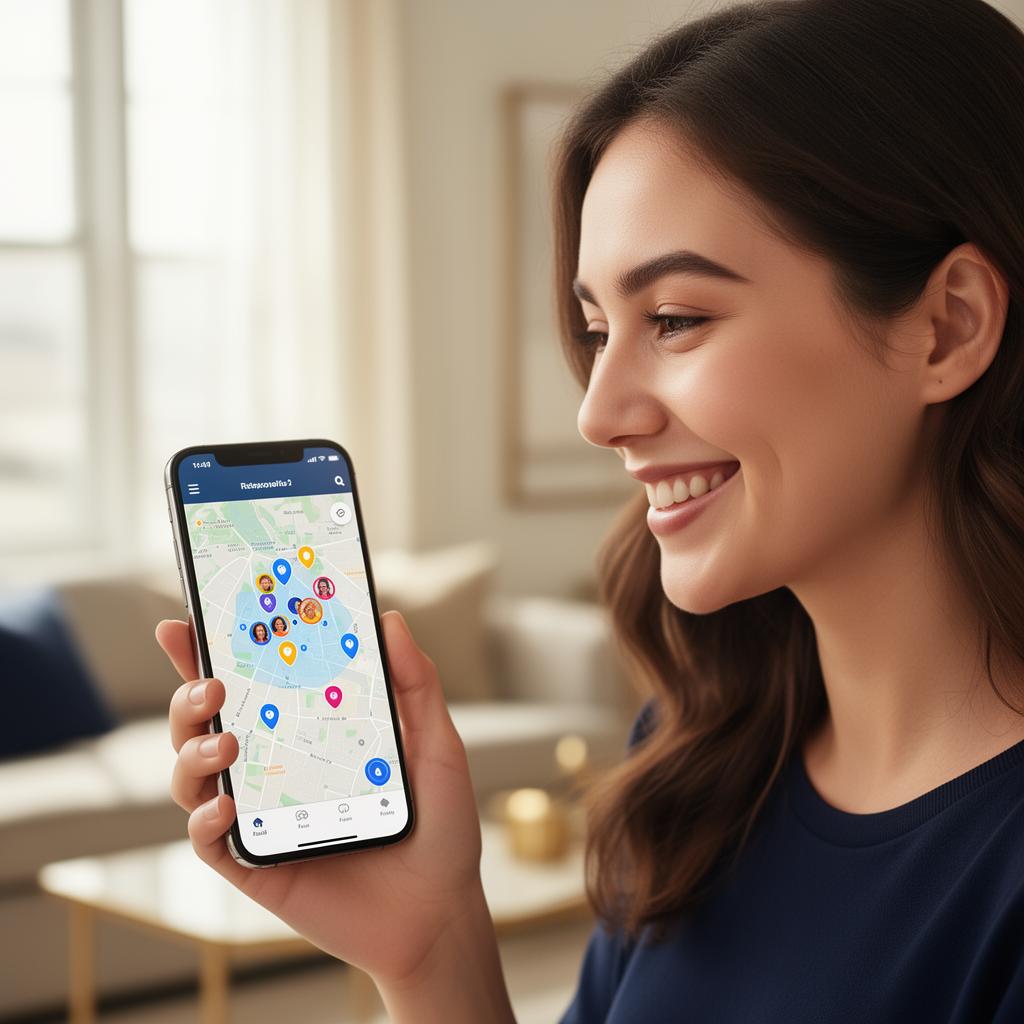 Moradora sorrindo enquanto vê a localização da família no app